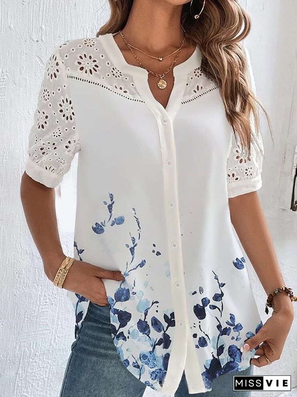 Lace Cut Out Fashionable Breasted Lapel Short Sleeved Shirt