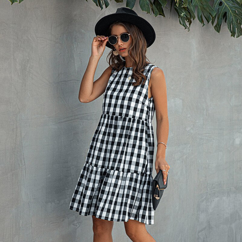 Llyge Summer Loose Plaid Dress Women Casual Cotton O-neck Patchwork Sleeveless Dress 2024 NEW llyge