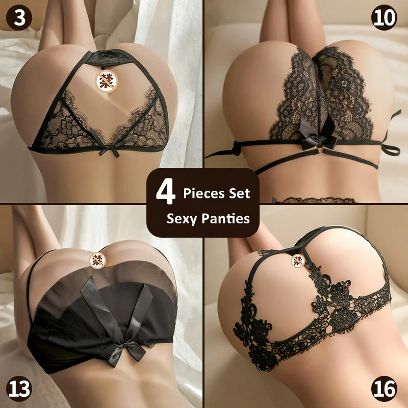 16 Types Of Porno Open Crotch Sexy Panties Lace See Through String Briefs 4 Pcs Set Cute Bow Knot Thong Sex Underwear For Women
