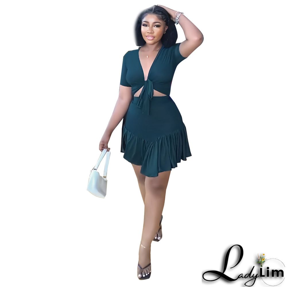 V Neck Short Sleeve Lace-Up T-Shirt Ruffle Skirt Casual Holidays Two-Piece Set
