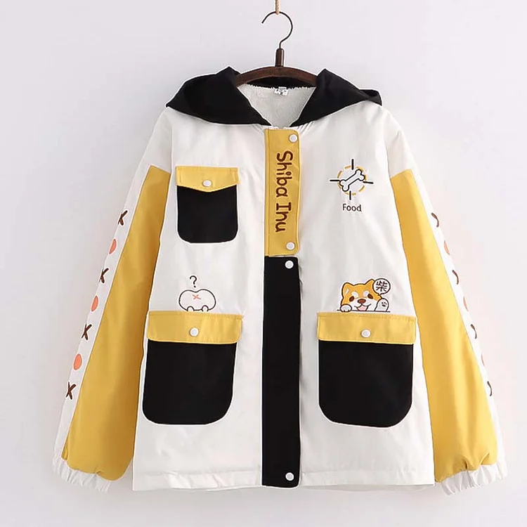 Puppy Print Colorblock Pocket Hooded Coat - Modakawa Modakawa