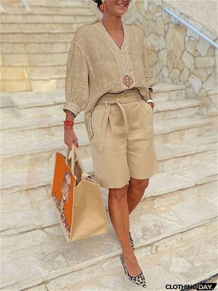 Women's Fashion Casual V Neck Pullover Shirt + Loose Shorts