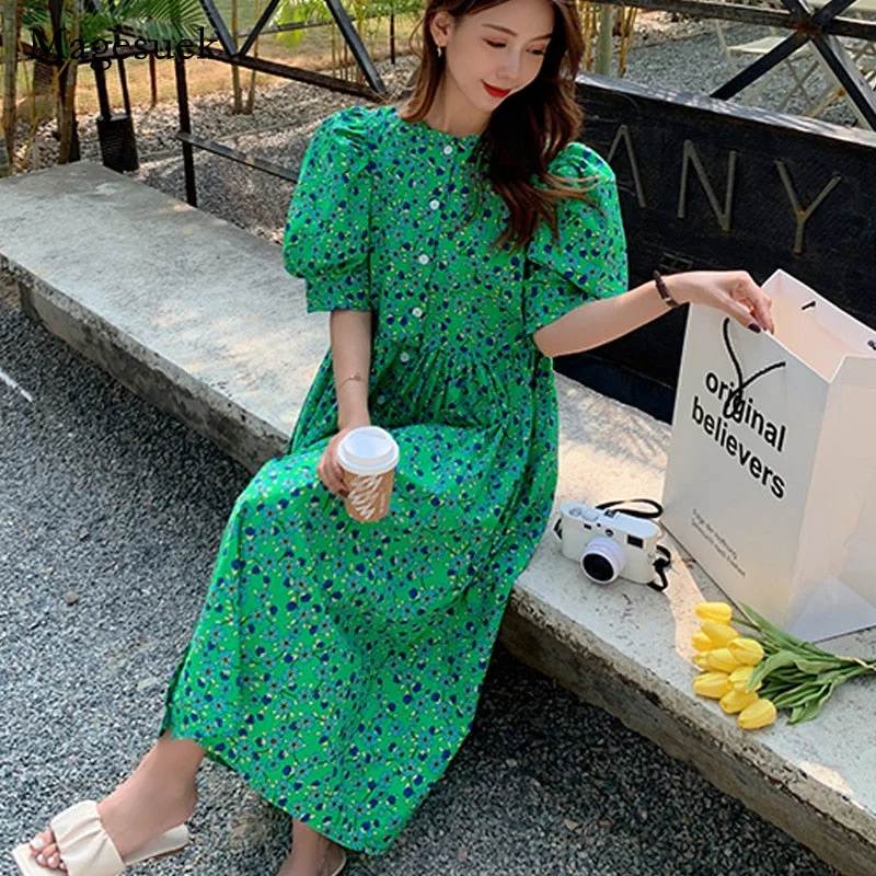 Summer Casual Vestidos Floral Dresses Ladies Short Sleeve Retro Print Long Dress Female 2022 M-4XL Loose Green Women Dress 15686