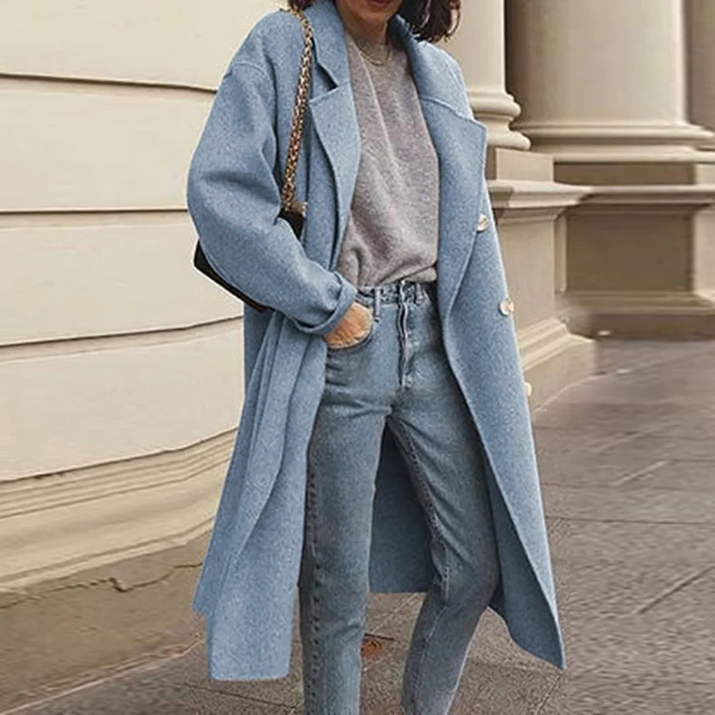 Fashion Solid Color Woolen Long Coat