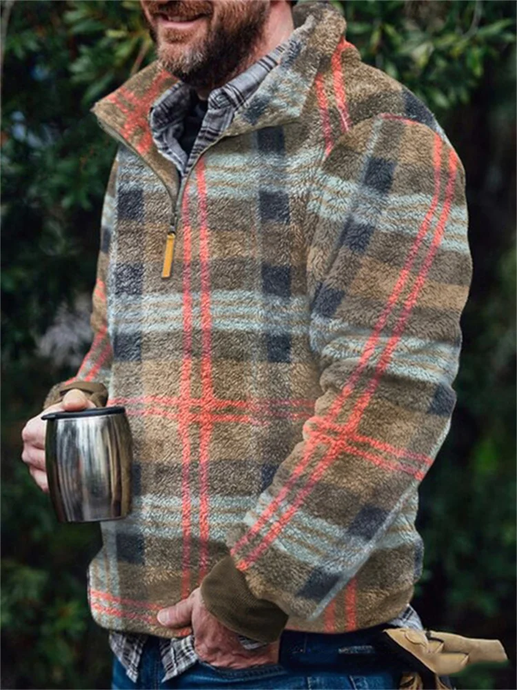 Men's Vintage Plaid Zip Up Fleece Pullover