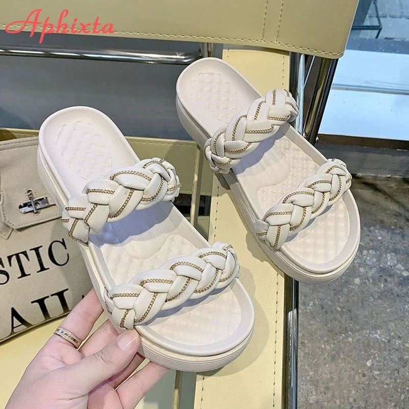 Aphixta 2021 New Platform Slippers Women Summer Design Metal Chain Bread Cross Flip Flops Rope Weaving Slides Mules Shoes