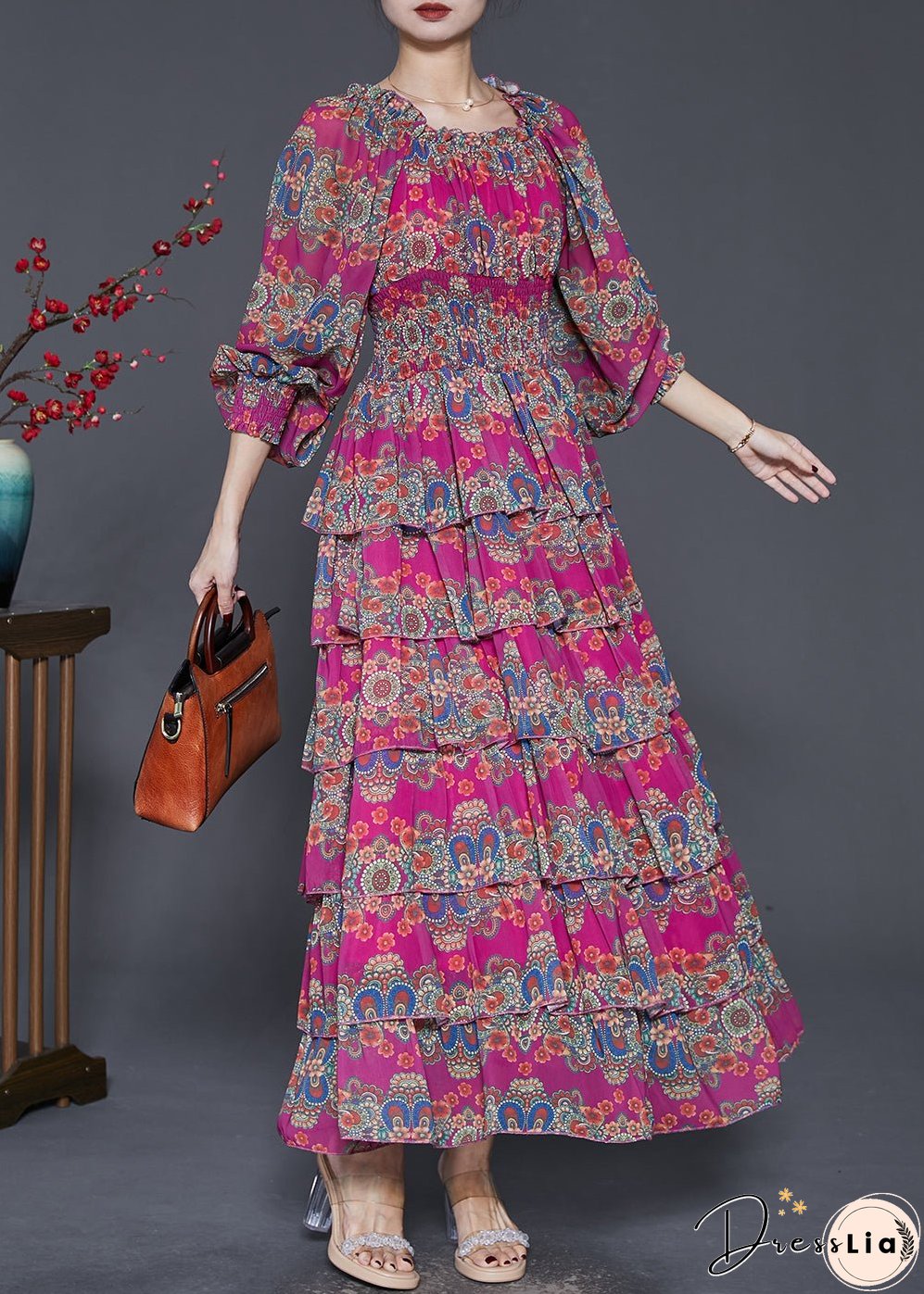 Unique Rose Elastic Waist Print Cotton Maxi Dresses Spring