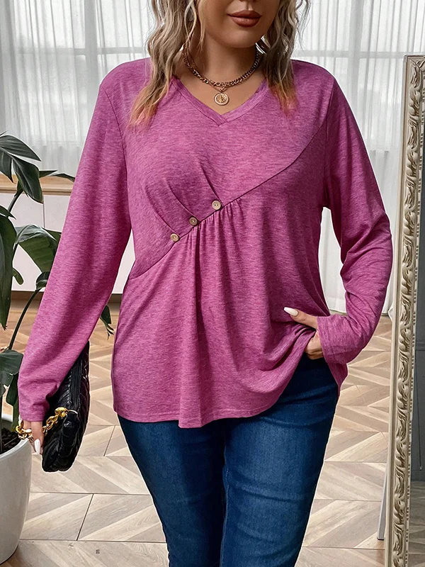 Buttoned Long Sleeves Loose V-neck T-Shirts Tops