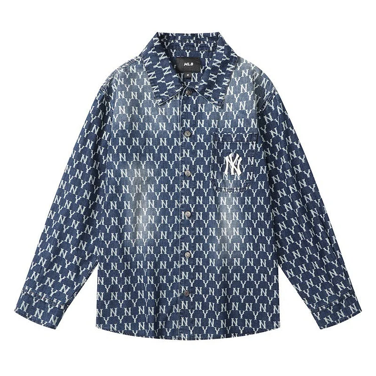 Yankees Autumn and Winter Letters Full Printed Long-Sleeved Shirt Denim Jacket Men's and Women's Tops