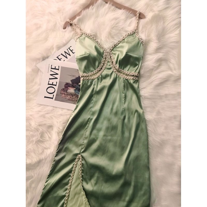 Ordifree 2022 Summer Women Green Satin Dress Vintage Beading Silk Sexy Slit Party Midi Dress
