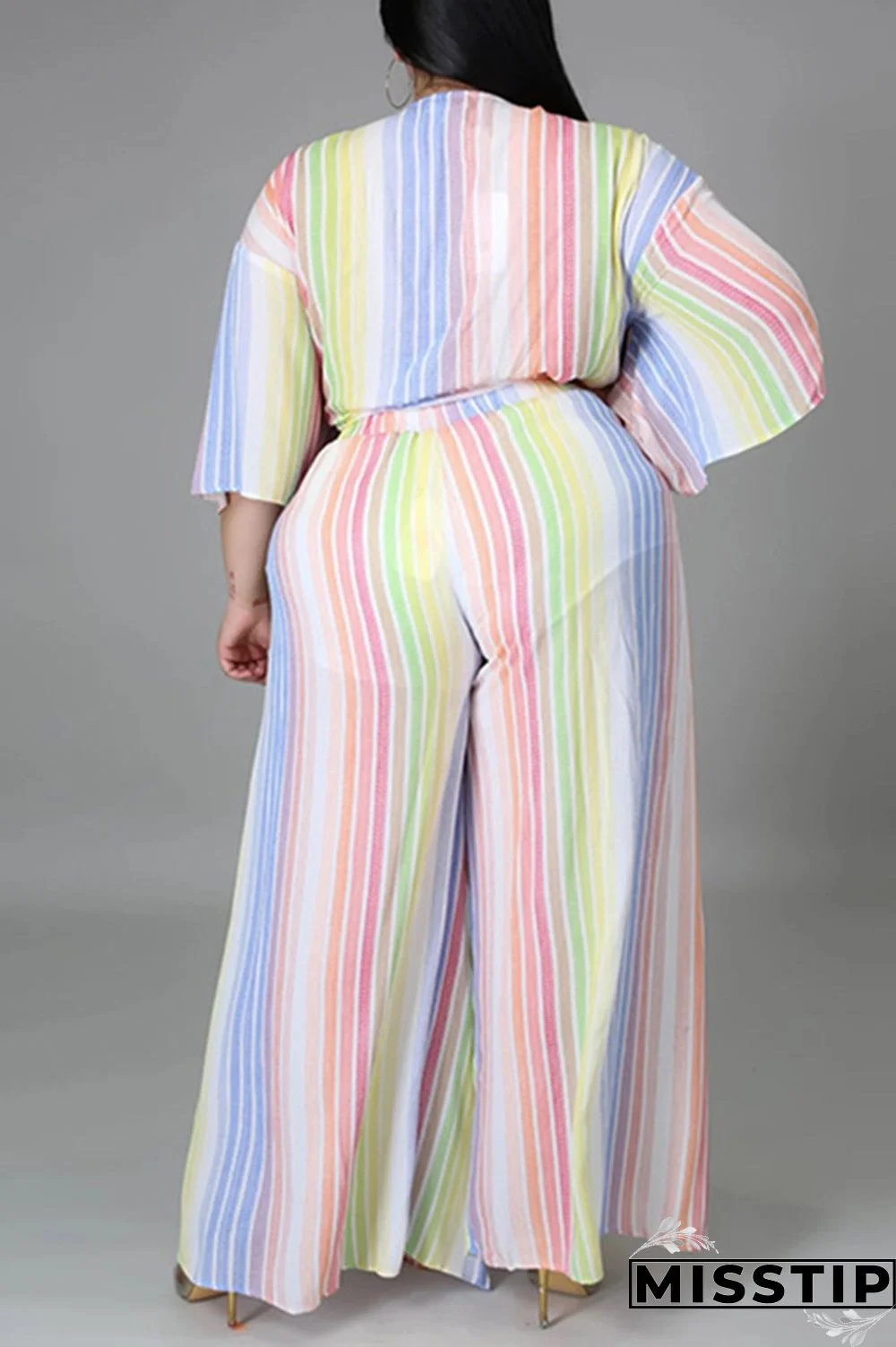 Colour Fashion Casual Striped Print Hollowed Out Slit V Neck Plus Size Two Pieces