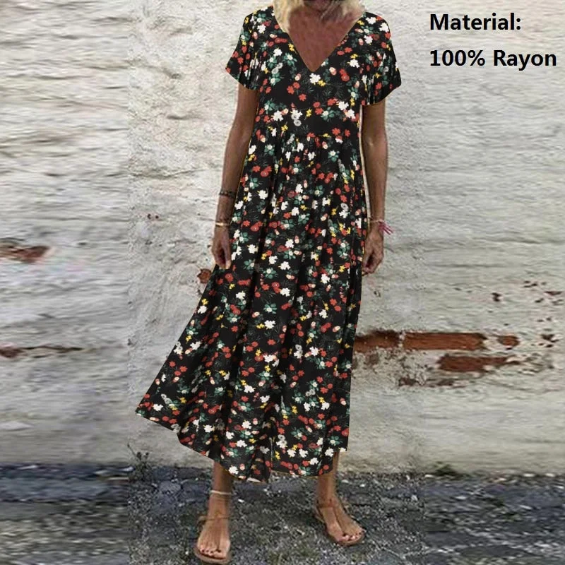ZANZEA Summer Women Sundress Bohemian Floral Print Beach Maxi Dress Vintage V Neck Short Sleeve Oversized Dresses Kaftan Vestido