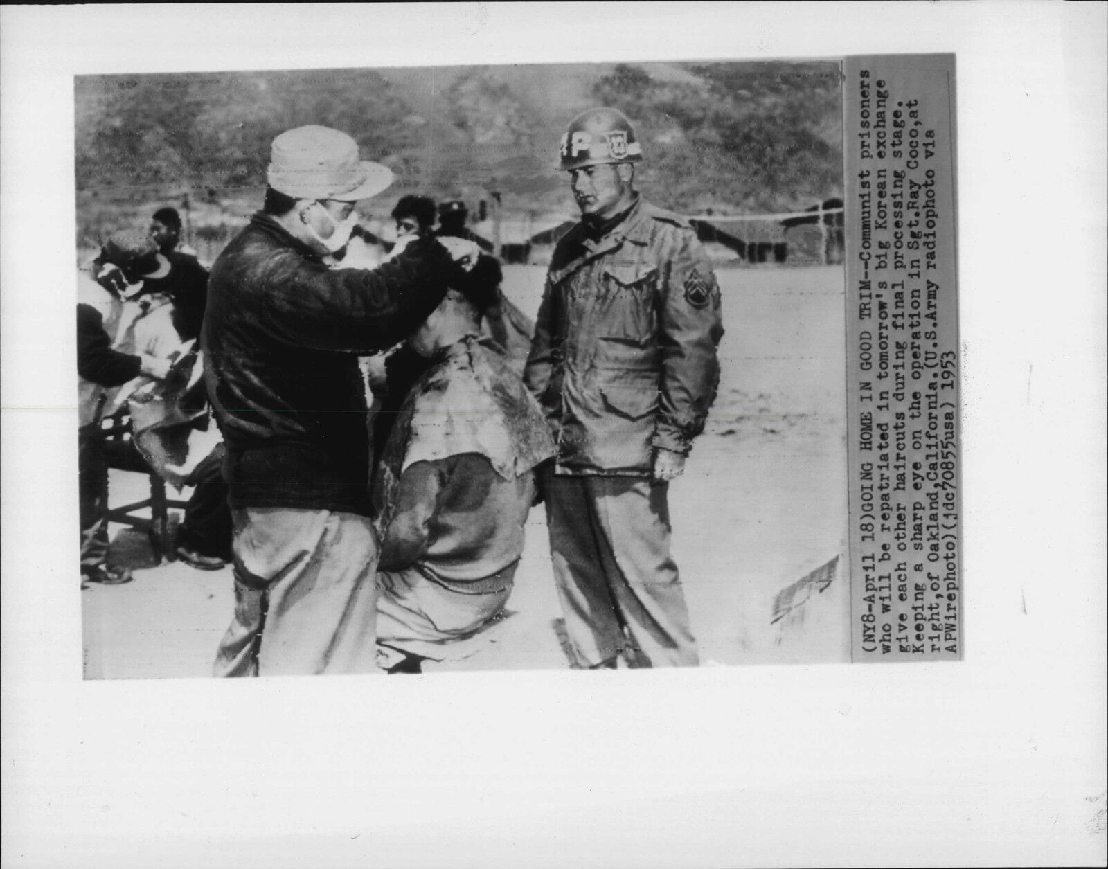 Korea War Prisoner Exchange Last Haircut 1953 Press Photo Poster painting