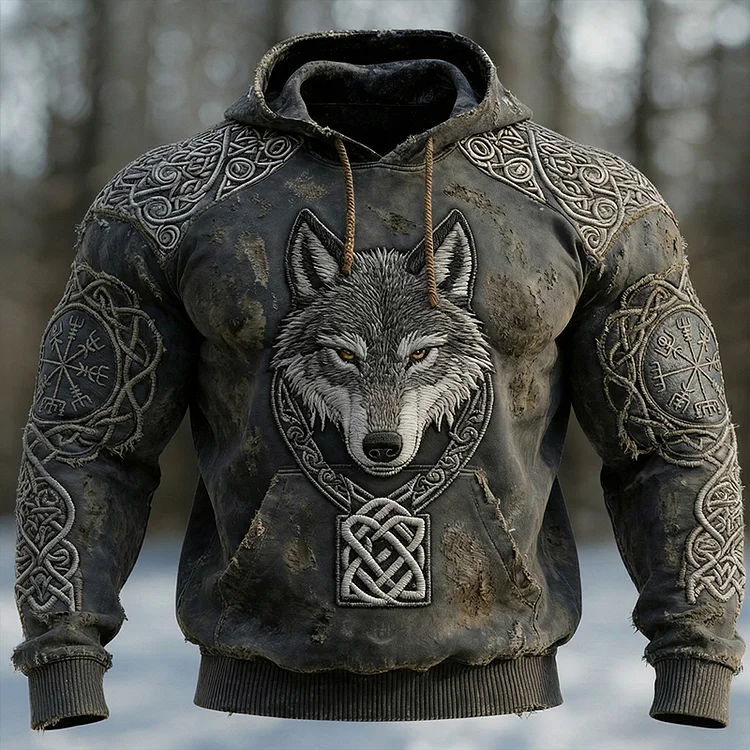 Men's Retro Viking Rune And Wolf Print Casual Hoodie
