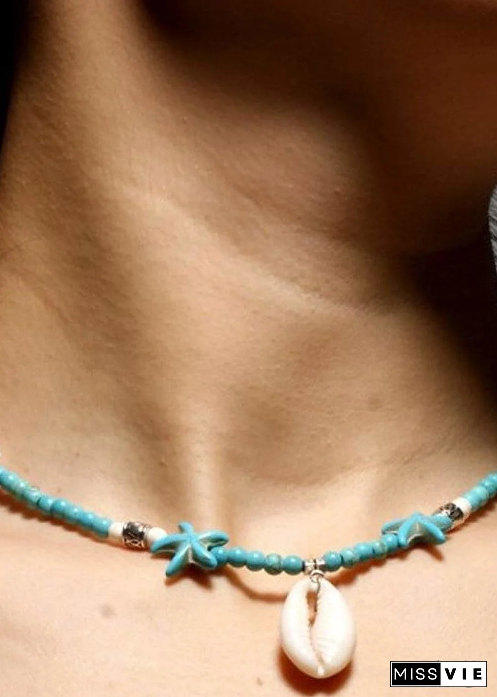 Boho Necklace, Hippie Blue Shell & Starfish