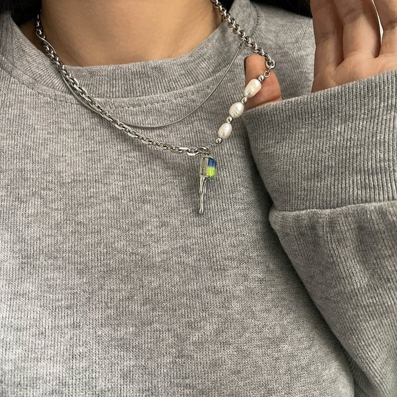 Lava glass gradient green pendant pearl Stainless steel necklace double layer chain