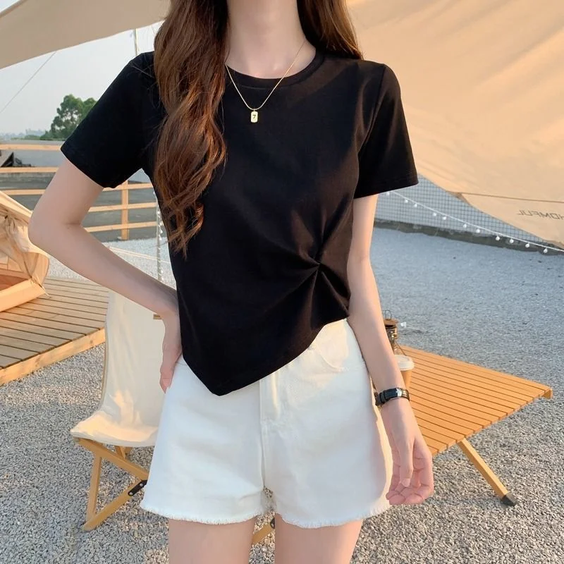 Uveng Uveng Short-Sleeved T-Shirt Women 2024 New Summer Design Design Sense Niche Half Sleeve High Waist Short Top