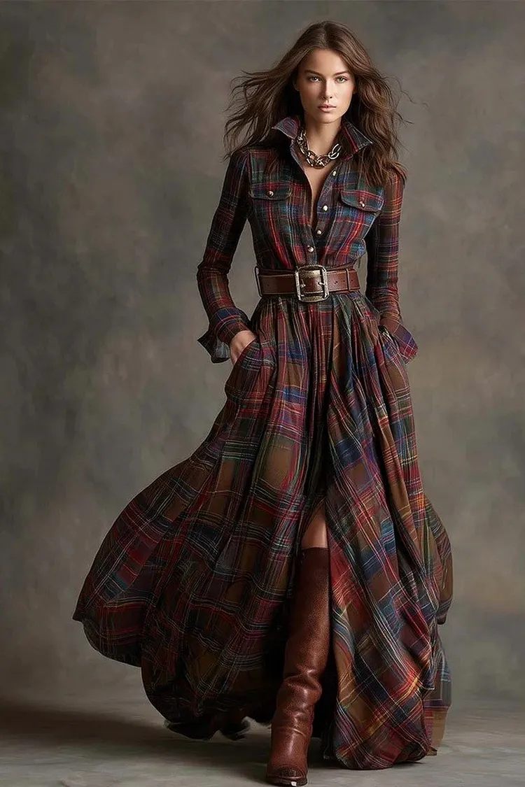 Cotton Plaid Shirt Dress with Pockets Asymmetrical Maxi