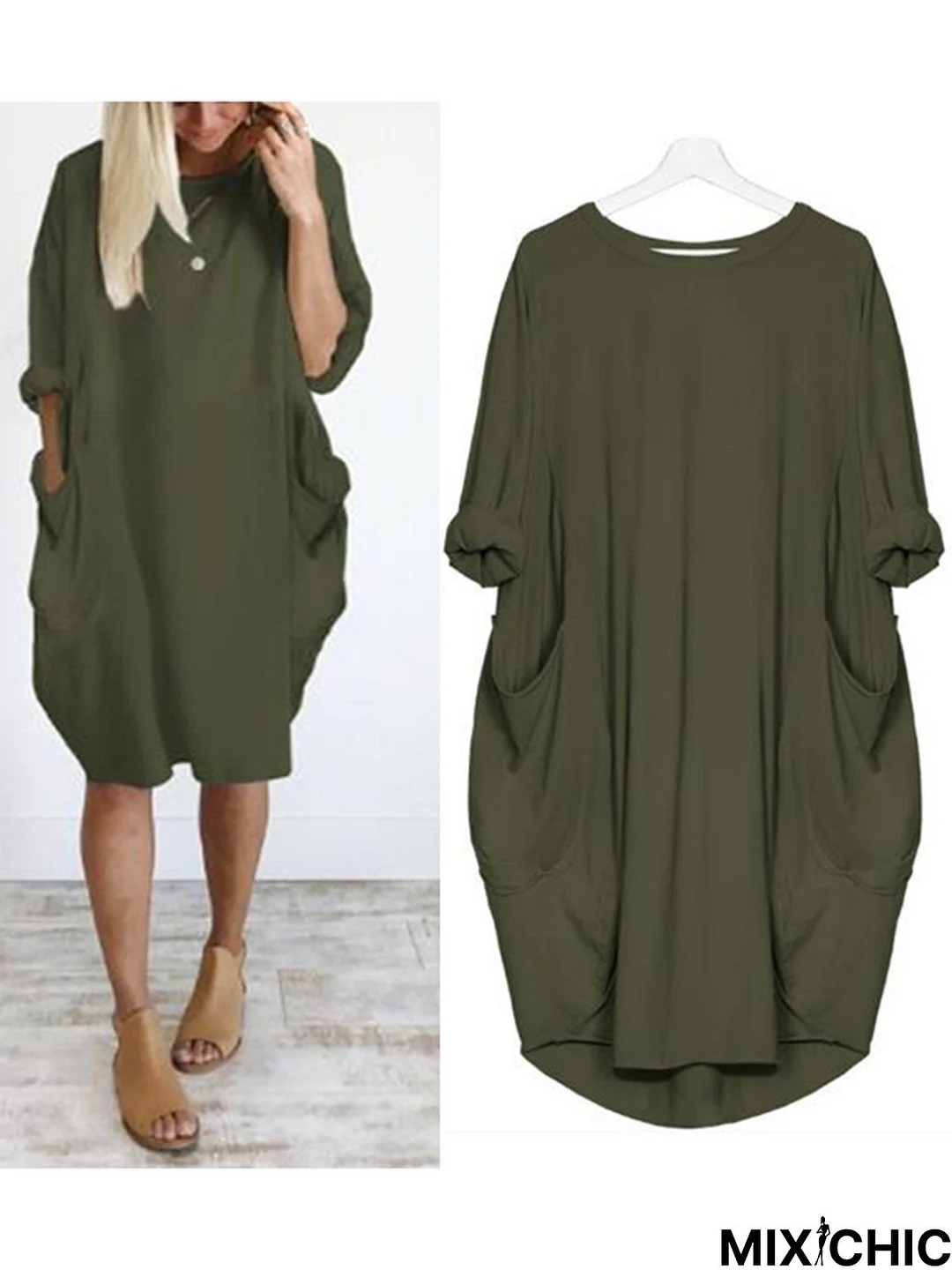 Batwing Sleeve Casual Solid Loose Crew Neck Midi Dress