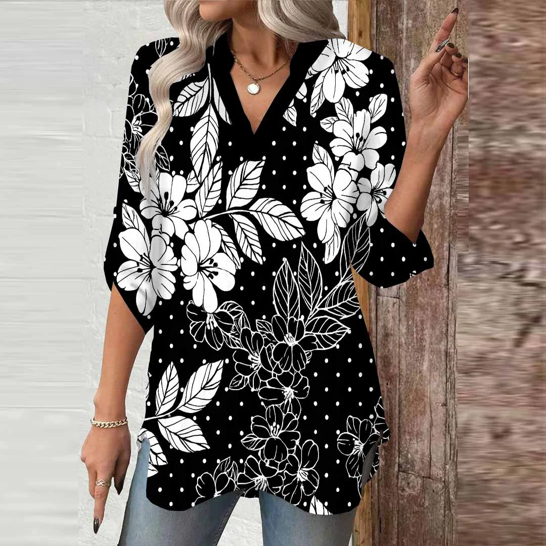 Women Floral,Black,White DZGA0683 3/4 Sleeve V-neck Printed Graphic Button Tops