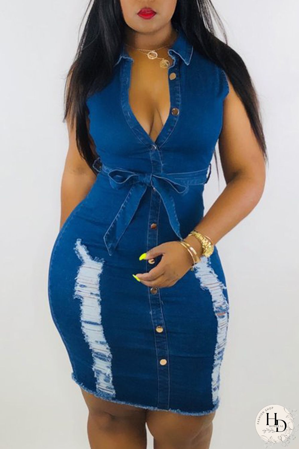 Baby Blue Sexy Sleeveless Grinding Hole Cowboy Dress