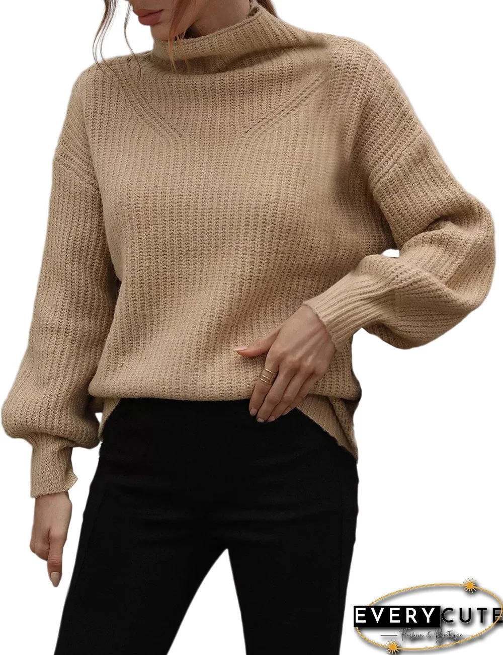 Khaki Solid Loose Style Turtleneck Sweater