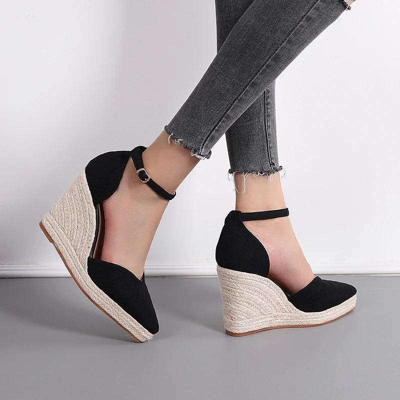 Wongn Wongn New Pointed Toe Slope Platform High Heel Sandals Hollow Shoes With Buckle Straw Hemp Rope Bottom
