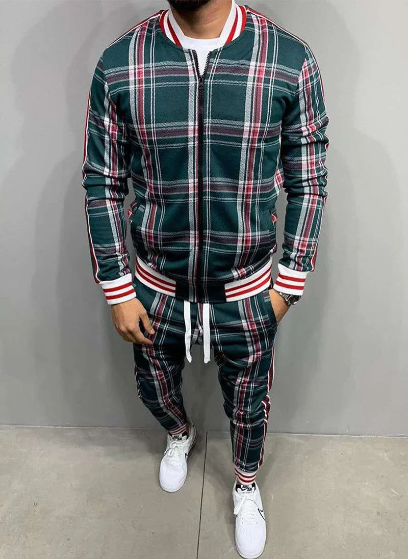 Men's Plaid Cardigan Jacket Trousers Sports Suit