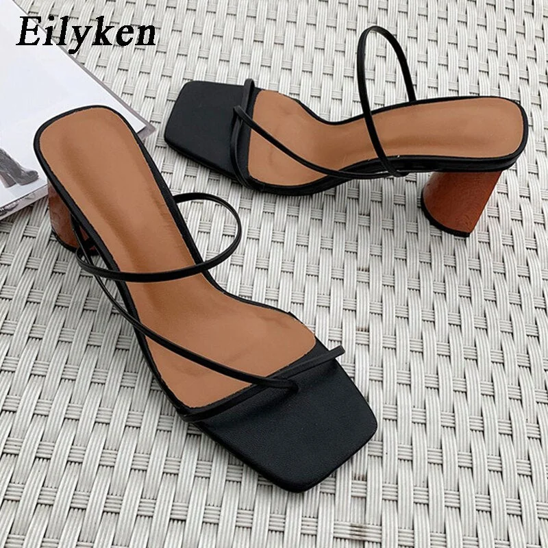 Eilyken 2021 New Summer Women Sandals Slipper High Cylindrical Heel Outdoor Flip Flops Narrow Strap Women Slides