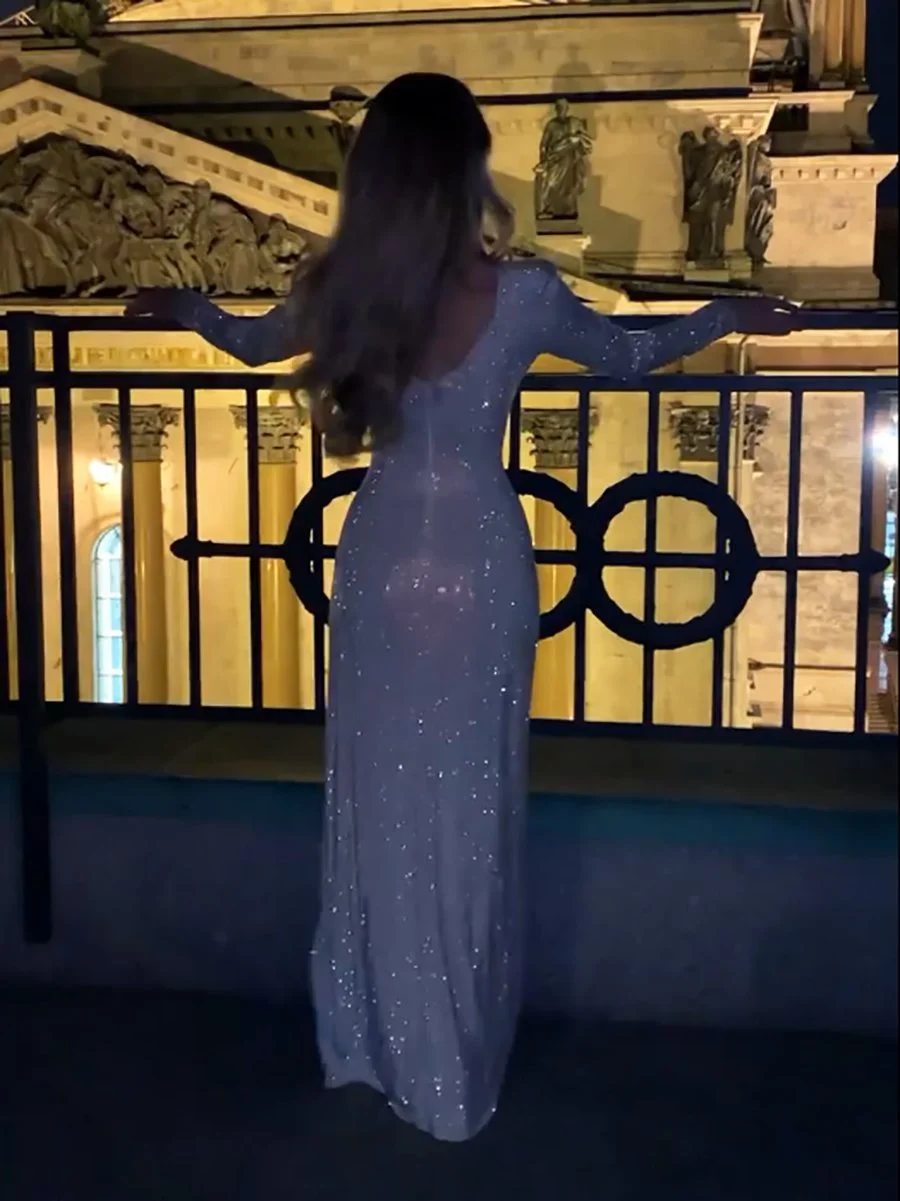 Elegant Crew Neck Long Sleeve High Slit Maxi Dress