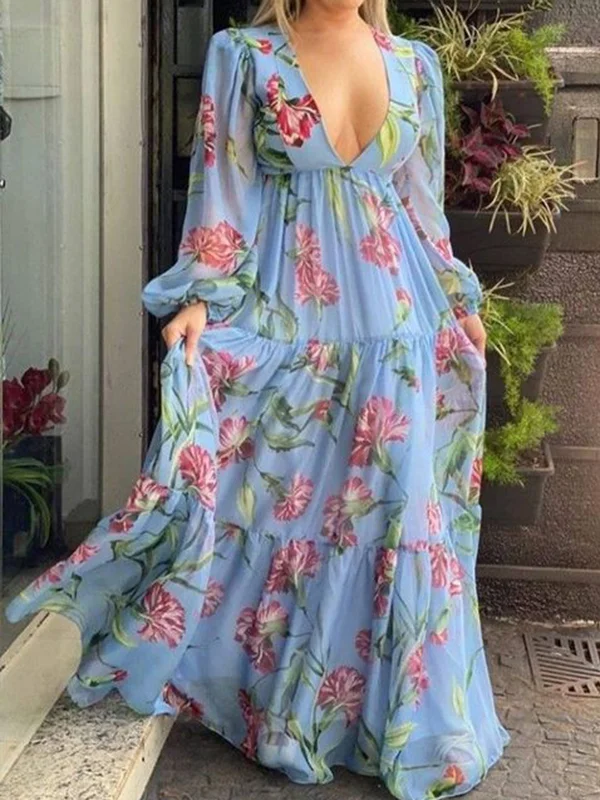 Floral Printed Plunging Empire Long Sleeves V-neck Maxi Dresses