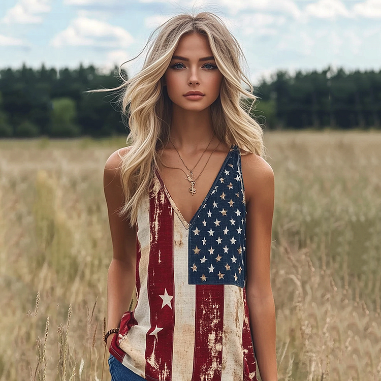 Women's Vintage Independence Day Flag Print V-neck Tank Top