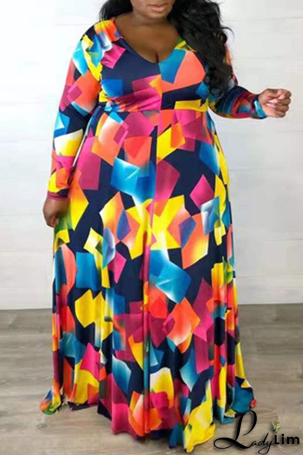 Multicolor Fashion Casual Print Basic V Neck Long Sleeve Plus Size Dresses