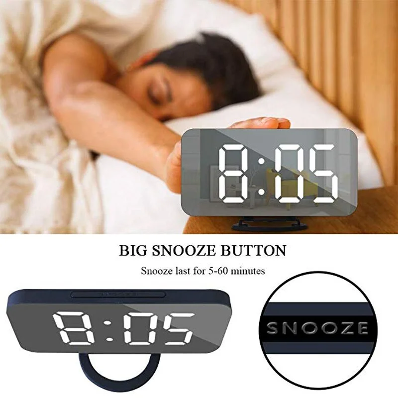 Digital LED Alarm Clock Mirror 2 USB Charger Ports Night Light LED Table Clock Snooze Function Adjustable Brightness Desk Clocks