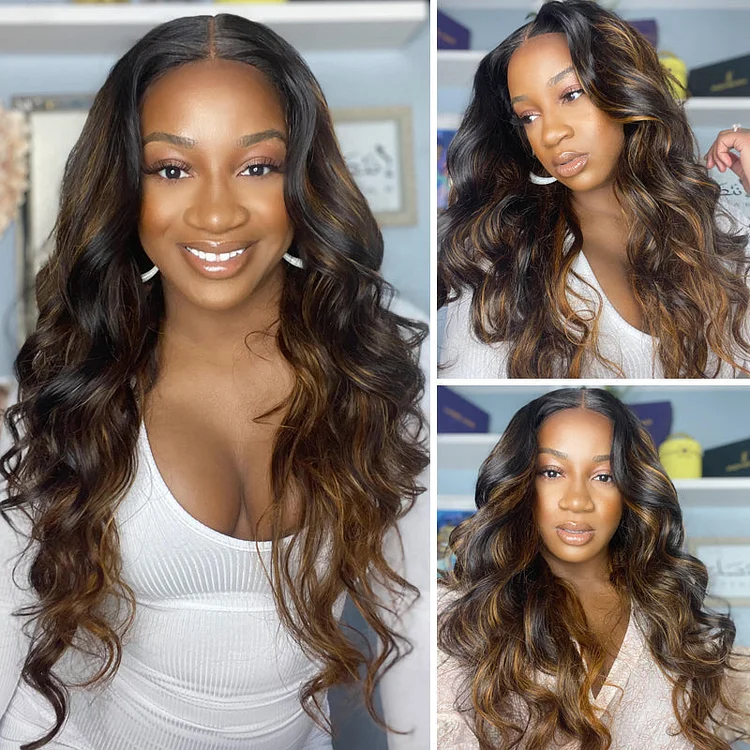 Lace Front Wig Dark Root Brown Balayage Highlight Natural Density Human Hair Wigs