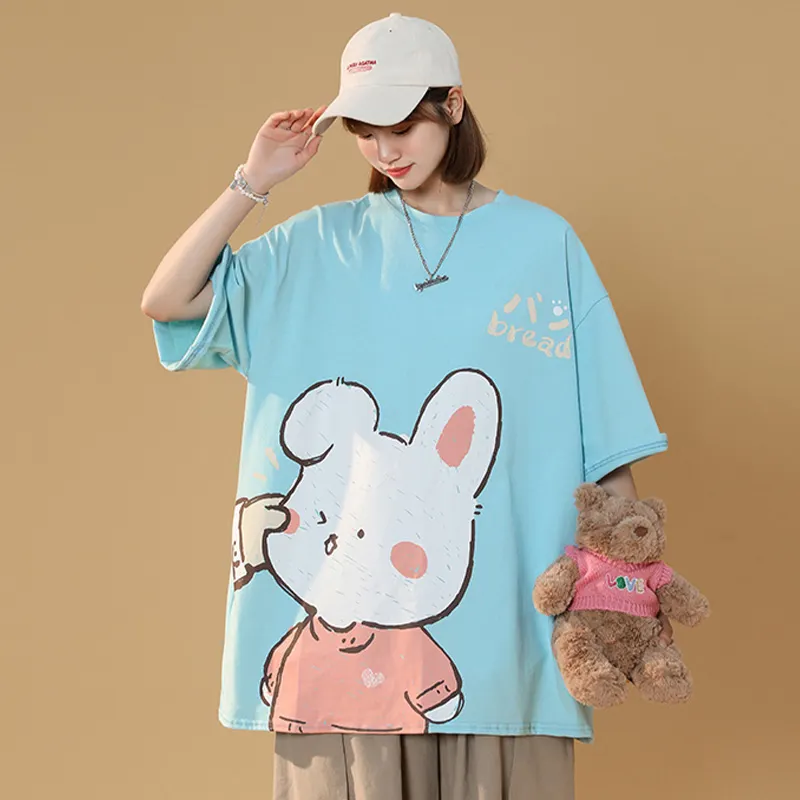 Cartoon Bunny Print Round Collar Casual T-Shirt