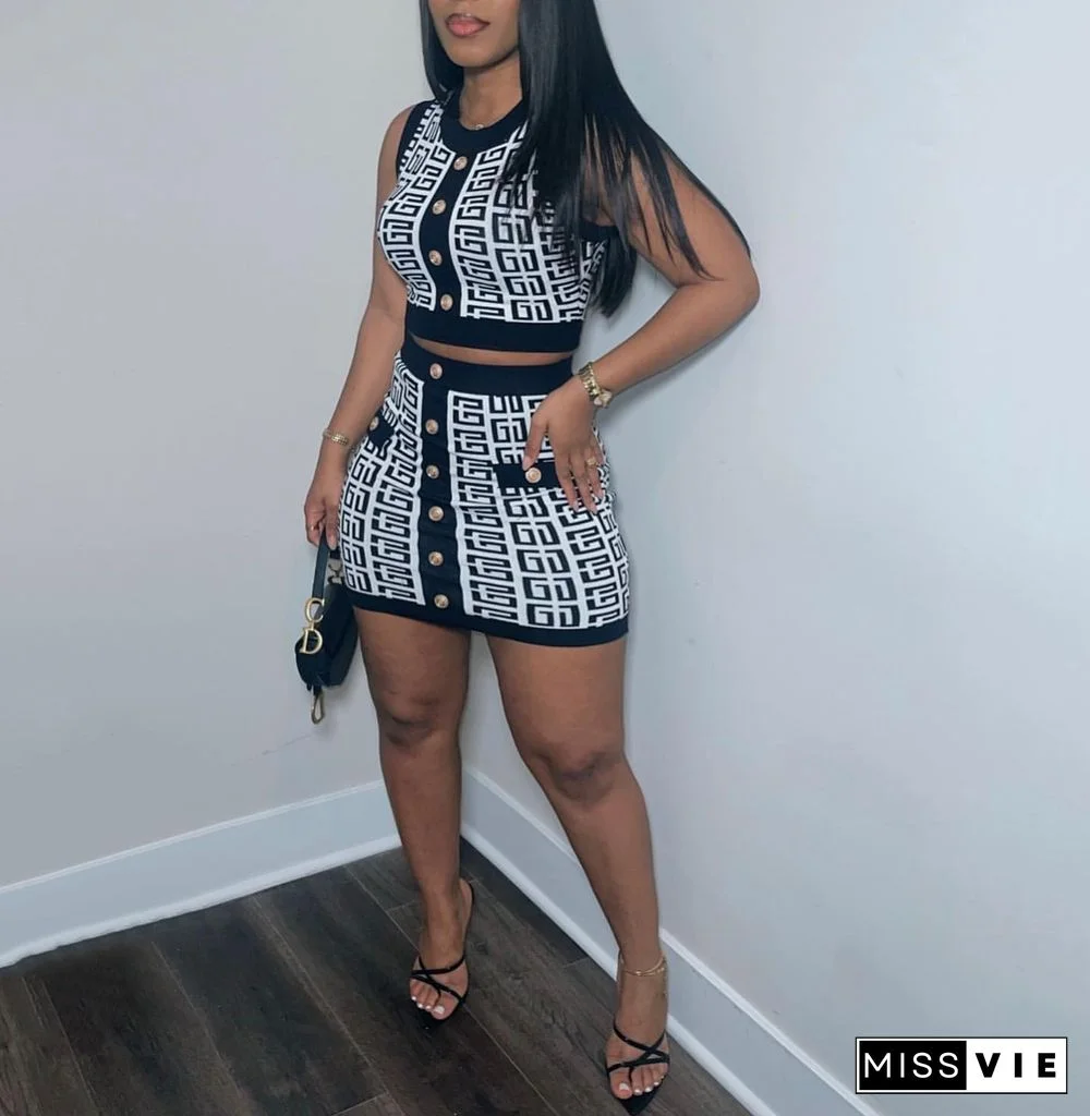 Geometric Knitted Vest Crop Tops Two Piece Skirt Sets