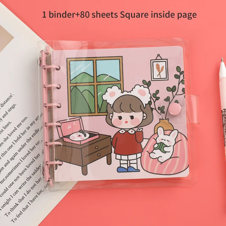 JOURNALSAY 80 Sheets Cute Square 6 Ring Loose Leaf Book Cartoon DIY Hand Journal Notebook Binder
