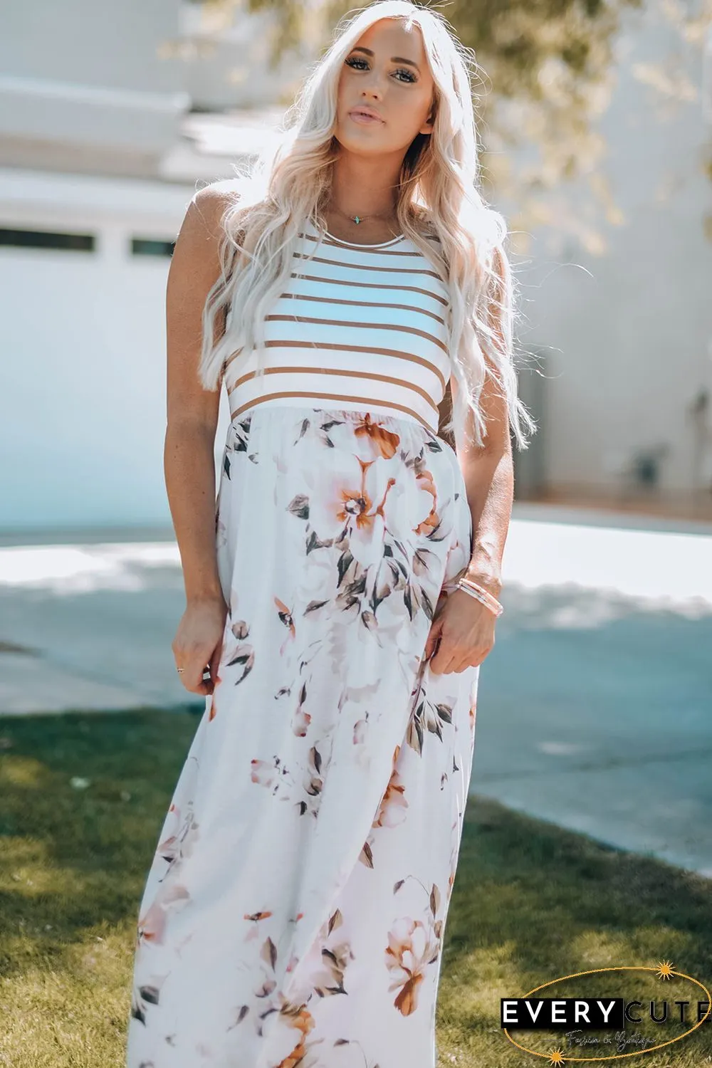 White Striped Floral Print Sleeveless Maxi Dress with Pocket