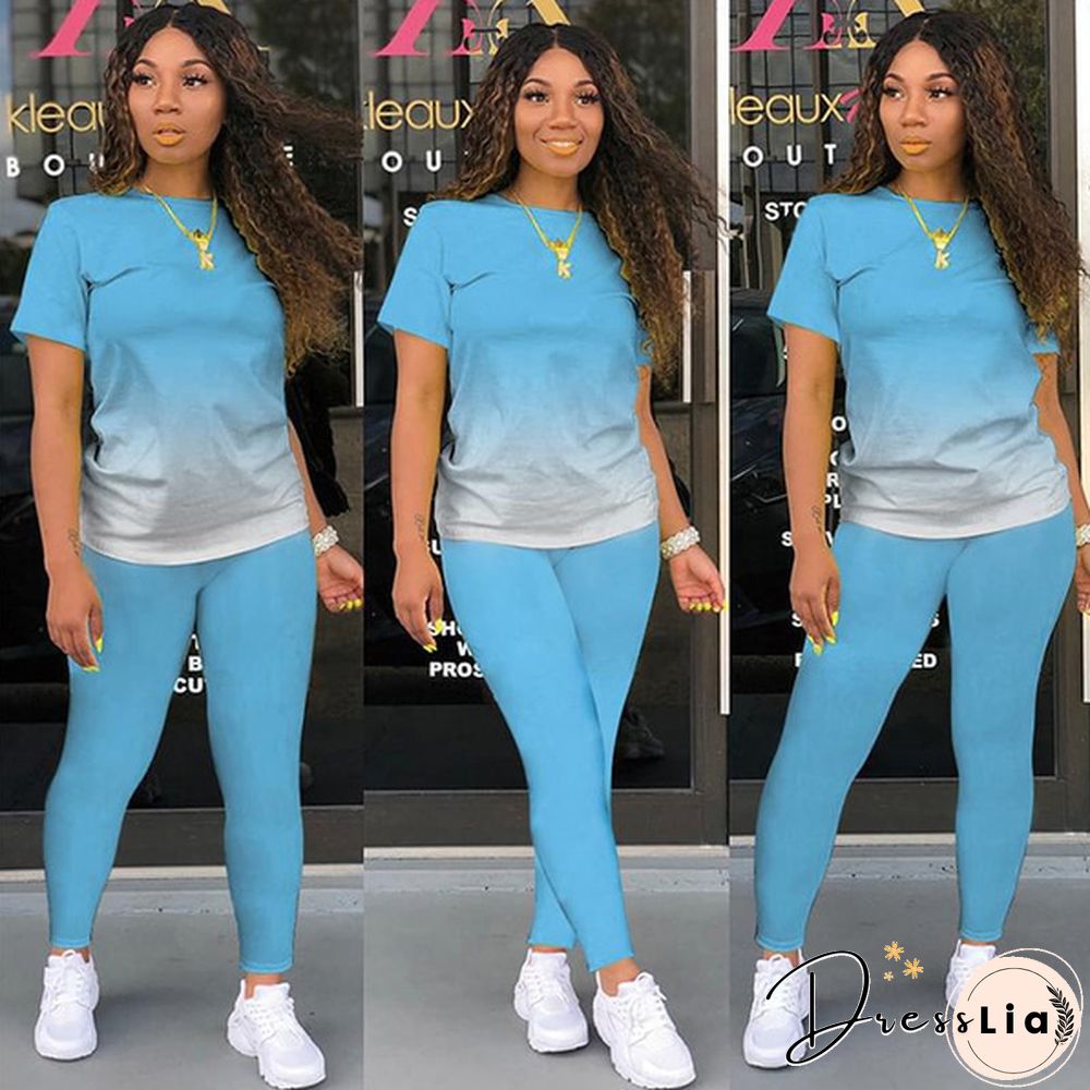New Women's Fashion Gradient Short Sleeve Top and Pants Casual Sportswear Suit Two-piece Suit Plus Size