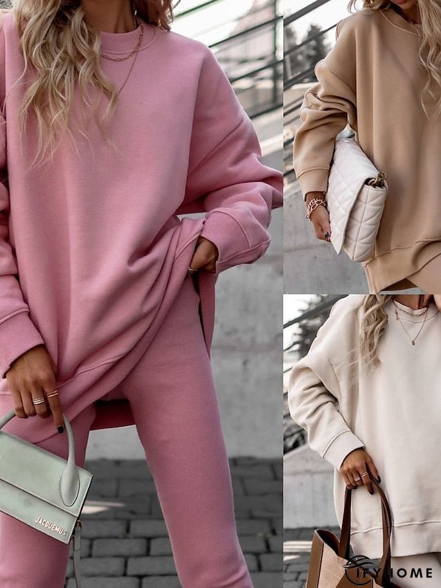 Sweatshirt Tracksuit Pants Sets Pants Trousers Active Streetwear Pink Khaki Sports Outdoor Casual Solid Color Crew Neck S M L XL XXL for Women | IFYHOME