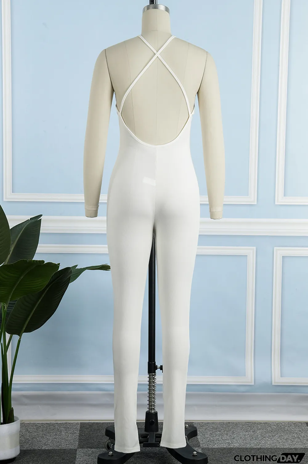 Cyan Sexy Casual Solid Backless Spaghetti Strap Skinny Jumpsuits