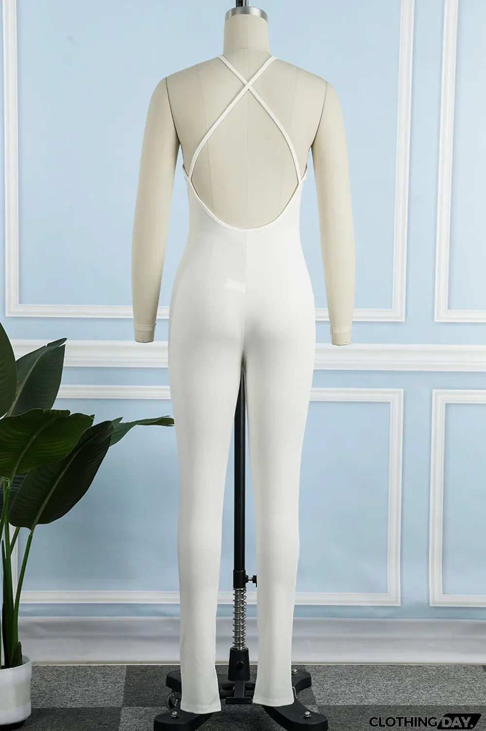 Cyan Sexy Casual Solid Backless Spaghetti Strap Skinny Jumpsuits