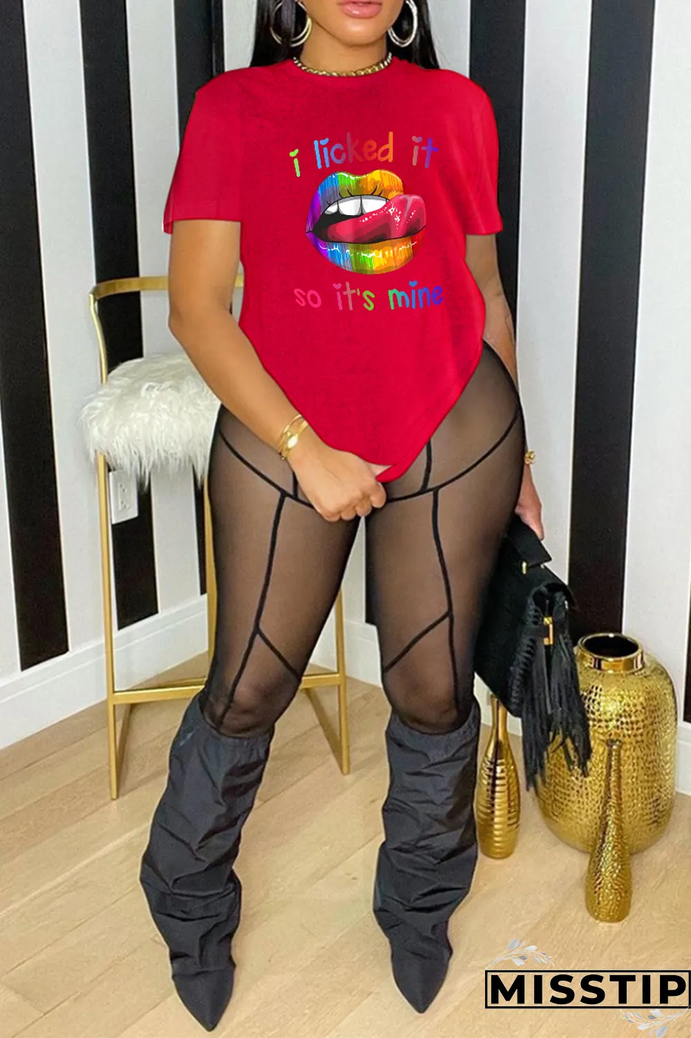 Grey Casual Daily Lips Printed Patchwork O Neck T-Shirts