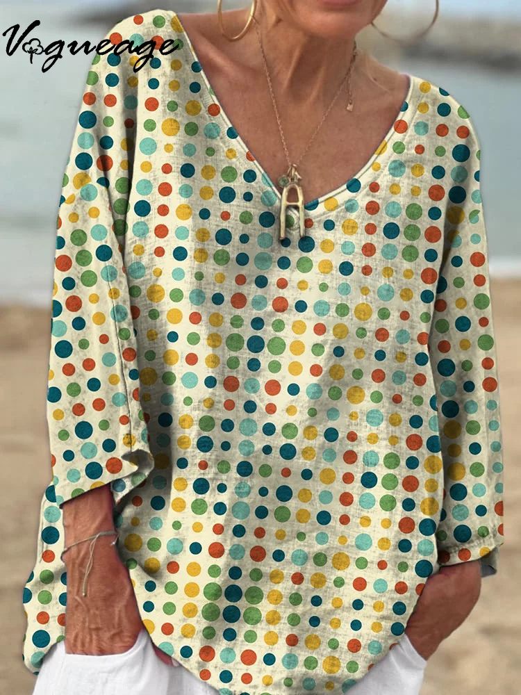 Colorful Dots 3/4 Sleeves Printed Cotton And Linen Shirt