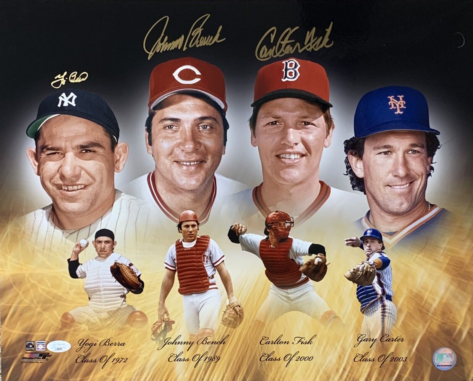 Yogi Berra, Johnny Bench, & Carlton Fisk Triple Autographed 16x20 JSA