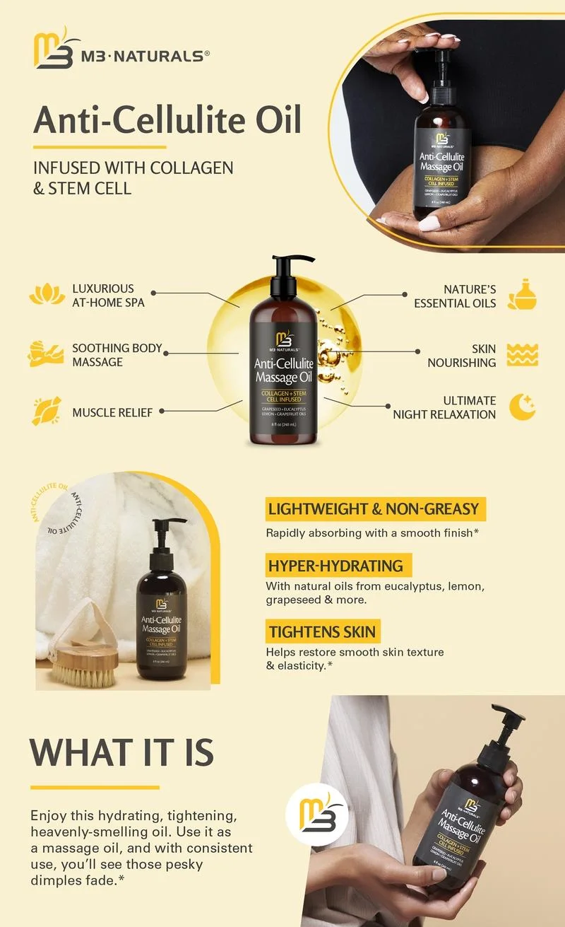 M3 Naturals Cellulite Massage Oil 8oz - Smooth the Appearance of Cellulite - Body Care & Skin Care Massage Oil - Topical Collagen and Plant Stem Cell Body Oil to Restore Texture and Elasticity - Soothing Body Oil