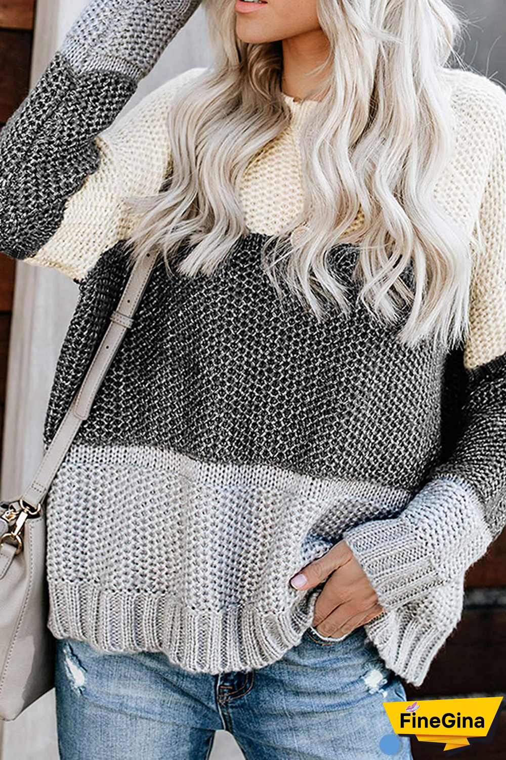 Casual Patchwork Basic  Contrast O Neck Tops Sweater