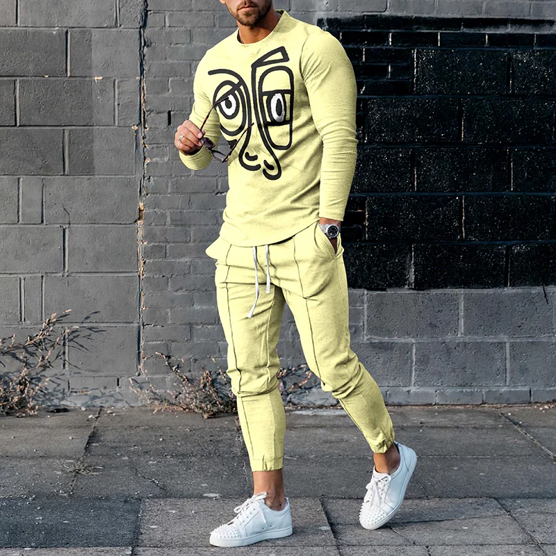 Casual Human Face Line Art Yellow Print Long Sleeve T-Shirt And Pants Co-Ord