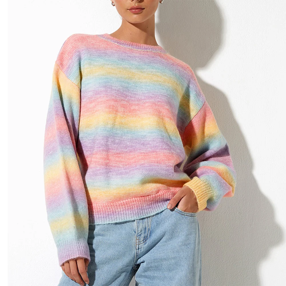 Smiledeer Rainbow Color Gradient Crew Neck Women's Sweater